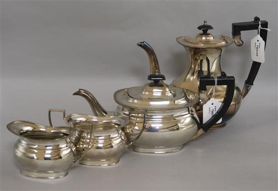 A four-piece plated tea service of gadrooned oval form